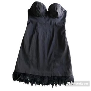 Guess Black laceup back corset/ bustier mini dress black feather trim hem sz 7
